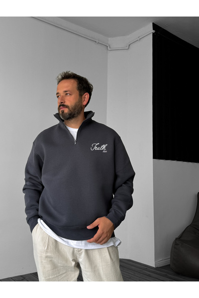 BYBASICMAN Anthracite Truth Embroidered Half Zipper Sweat Lb-1006