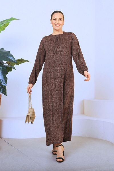 Ferace Γυναικείο Maxi Plus Size Μακρύ Γυναικείο Φόρεμα με τραγανό σχέδιο καφέ