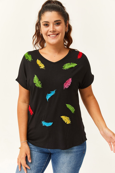 Ebsumu Women's Plus Size Colorful Leaf Embroidered Black Blouse