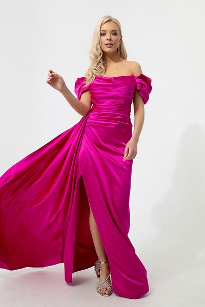 Lafaba Fuchsiafarbenes langes Satin-Abendkleid und Abschlusskleid mit U-Boot-Ausschnitt für Damen