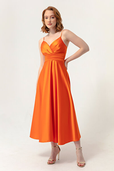 Lafaba Women's Orange Rope Strap Waist Belted Satin Midi Evening Dress & Graduation Dress