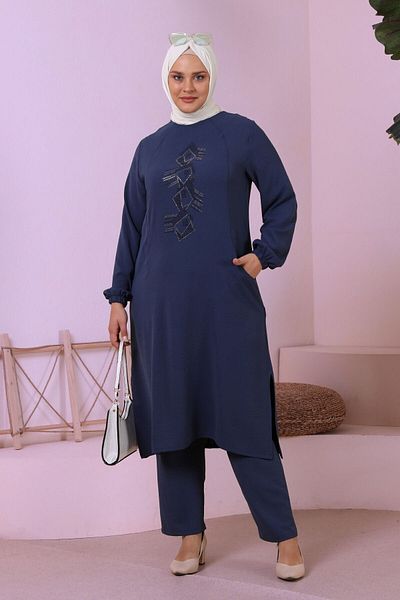 Ferace Hijab Ayrobin Double Suit Large Size Tunic Trousers Women's Indigo