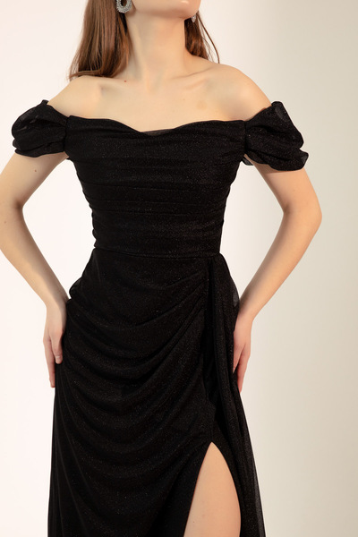 Lafaba Czarna damska suknia wieczorowa z dekoltem w łódkę i rozcięciem, z długim brokatem