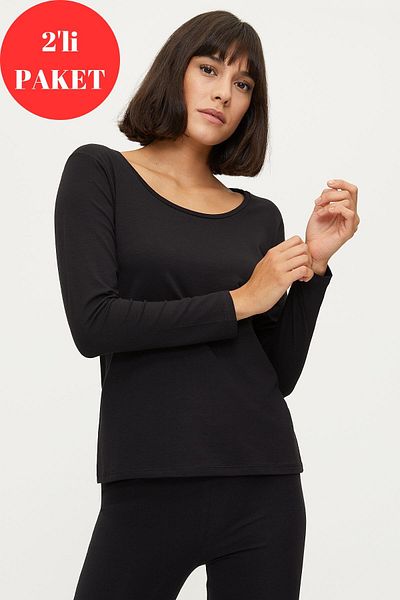 Bross Black Undershirt Cotton Women's Long Sleeve Set of 2 1219