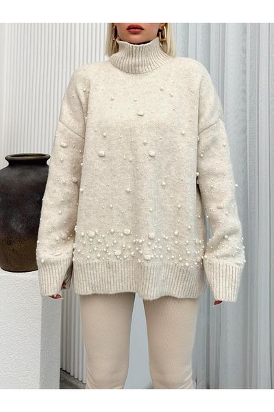 Olcay Pulover tricot supradimensionat cu perle cu gât rotit BEIGE 8240