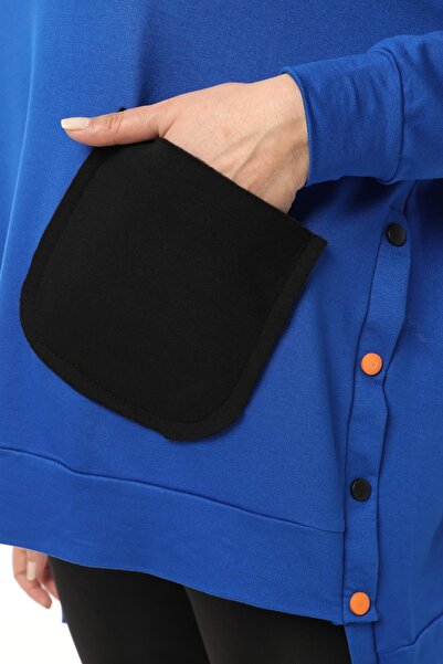 Ebsumu Kadın Büyük Beden Renkli Cepli Ekstra Rahat Kalıp Mavi Sweatshirt