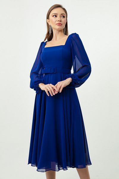 Lafaba Női Saks térgalléros öves Midi sifon estélyi ruha