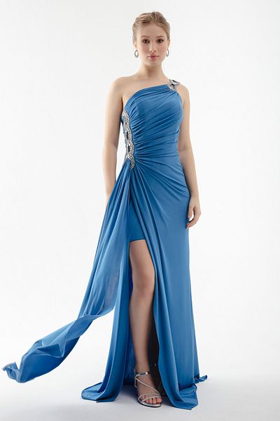 Lafaba Γυναικείο Indigo One Shoulder Jeweled Μακρύ βραδινό φόρεμα