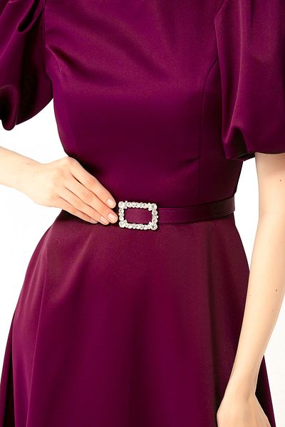 Lafaba Women's Plum Balloon Sleeve, Stone Belted Mini Satin Evening Dress