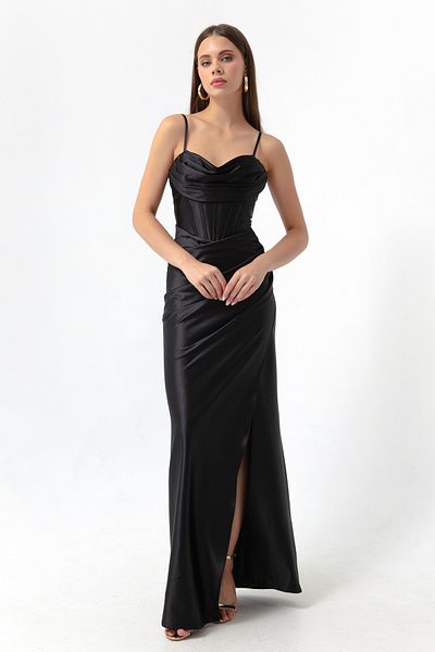 Lafaba Schwarzes langes Abendkleid für Damen mit Bügelkorsett und detailliertem Schlitz