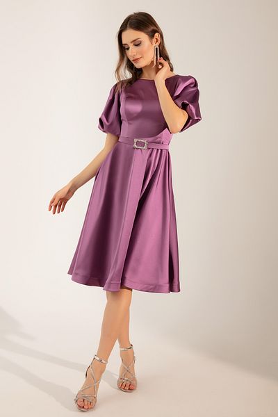 OFZE Women's Lavender Balloon Sleeve Stone Belted Mini Satin Evening Dress
