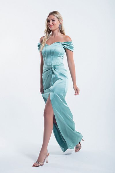 Lafaba Rochie de seara din satin verde menta cu corset cu sarma - rochie lunga