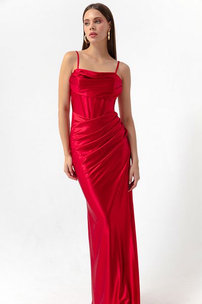 Lafaba Women's Red Underwire Corset Detailed Slit Long Evening Dress