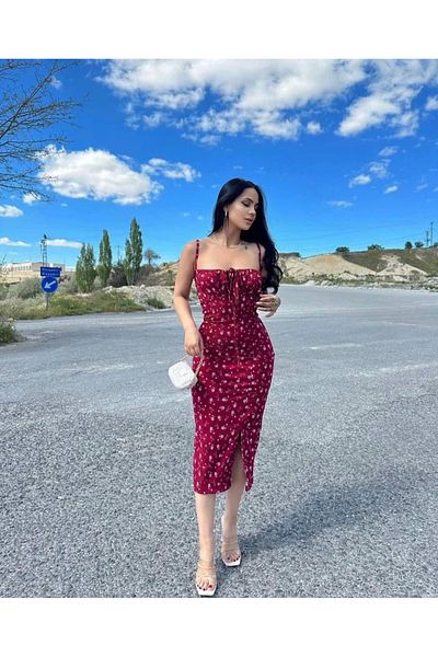 Bak Moda Rochie roșie Claret cu bretele cu model floral