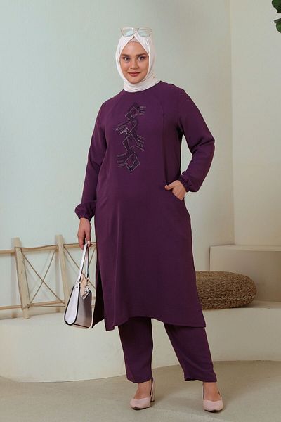 Ferace Hijab Ayrobin Double Suit Large Size Tunic Trousers Women's Plum