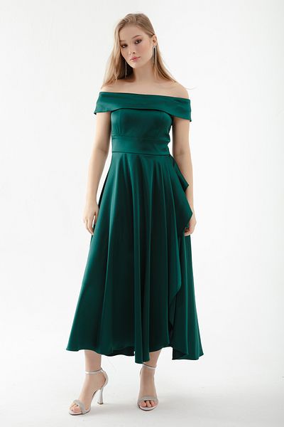 Lafaba Women's Emerald Green Boat Neck Midi Satin Evening Dress