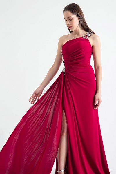 Lafaba Women's Burgundy One Shoulder Jewelled Long Evening Dress