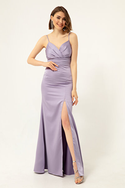 Lafaba Kadın Lila Askılı Yırtmaçlı Uzun Saten Abiye & Mezuniyet Elbisesi