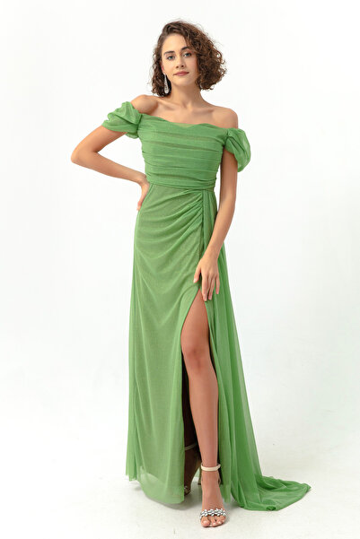 Lafaba Rochie de seară de damă, verde, cu gât cu barcă, cu fantă lungă, cu sclipici