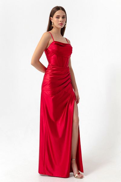 Lafaba Women's Red Underwire Corset Detailed Slit Long Evening Dress