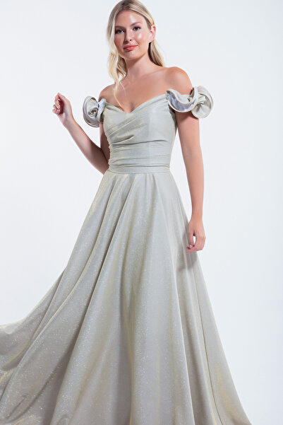 Lafaba Třpytivé volánové zlaté dlouhé dámské večerní šaty