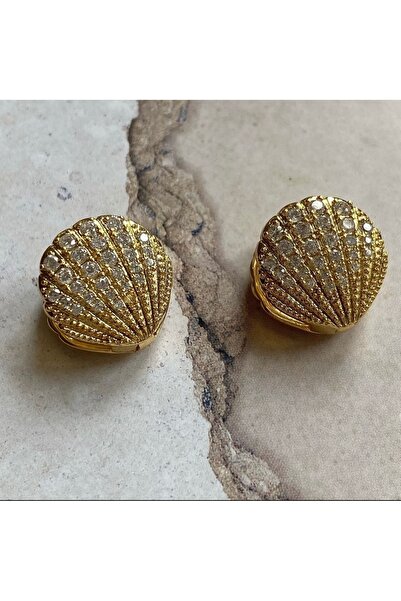 Brillo İkili Kullanıma Uygun Zirkon Taşlı Gold Midye Küpe