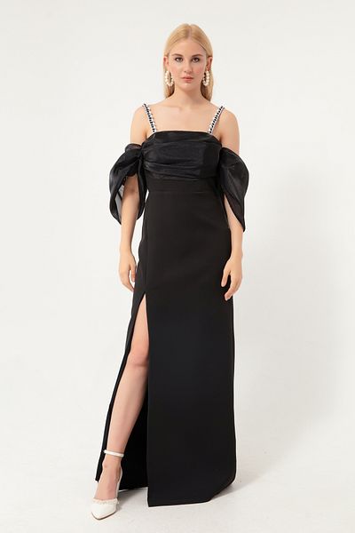 Lafaba Schwarzes langes Abendkleid aus Organza mit Prinzessinnenärmeln und Perlenriemen für Damen