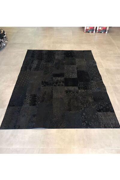 Dericibey Özel Tasarım Siyah Hakiki Dana Derisi Patchwork Halı - Premium Kalite ve Şık Baskı HDR00006 170x240