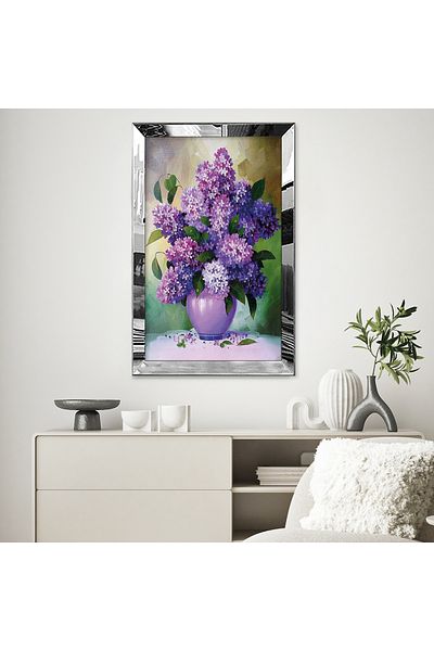 Zevahir Mobilya Dekorasyon Pictură unică din MDF cu flori de lavandă într-o vază cu cadru din plexiglas cu oglindă argintie