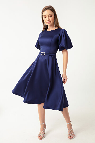 Lafaba Marineblaues Mini-Satin-Abendkleid mit Ballonärmeln und Steingürtel für Damen