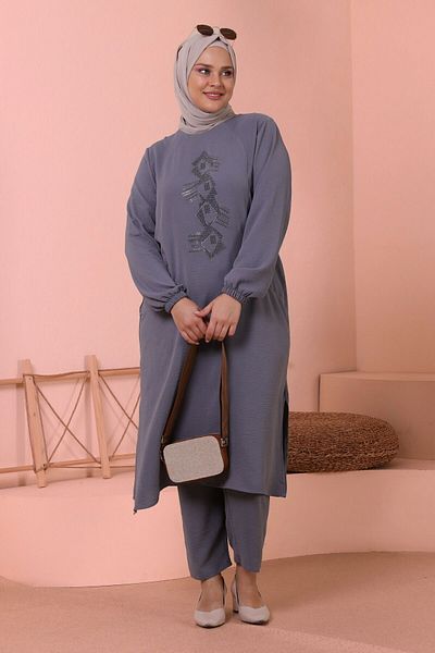 Ferace Hijab Ayrobin Διπλό Σετ Μεγάλο Μέγεθος Tunic Παντελόνι Γυναικείο Γκρι