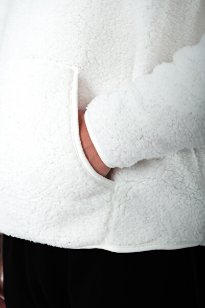 Coredra Men's Plush Coat - Teddy, Half Zipper, Ecru