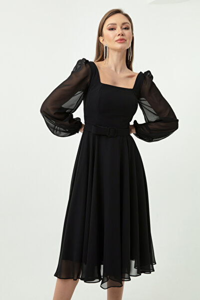 Lafaba Kadın Siyah Kare Yaka Kemerli Midi Şifon Abiye Elbise