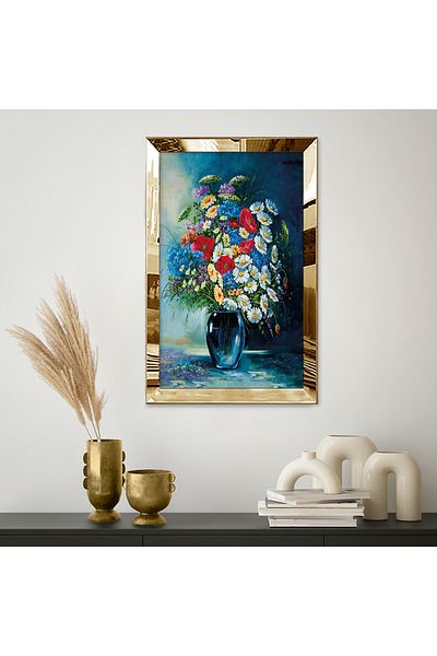 Zevahir Mobilya Dekorasyon Gold Mirrored Plexiglass Framed Daisies Wild Flowers Βάζο Μονό MDF Μονό Τραπέζι MDF