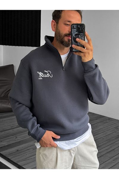 BYBASICMAN Anthracite Truth Embroidered Half Zipper Sweat Lb-1006