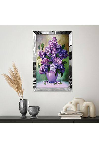 Zevahir Mobilya Dekorasyon Pictură unică din MDF cu flori de lavandă într-o vază cu cadru din plexiglas cu oglindă argintie