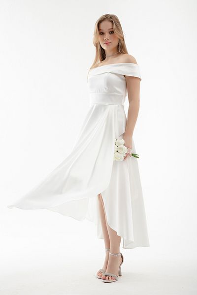 Lafaba Weißes Midi-Abendkleid aus Satin mit U-Boot-Ausschnitt für Damen