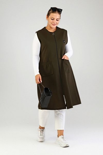 Ferace Women's Large Size Oversize Hijab Long Sleeveless Zippered Vest Khaki