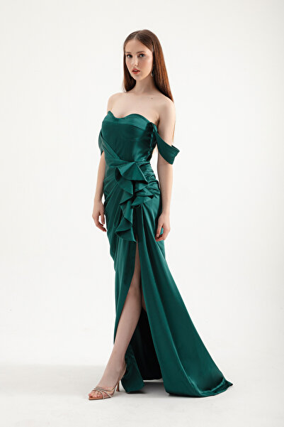 Lafaba Emerald Green Ruffled Sweetheart Collar Long Satin Women's Evening Dress