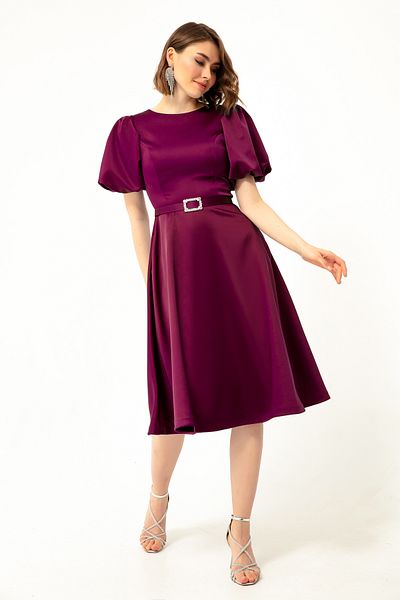 Lafaba Women's Plum Balloon Sleeve, Stone Belted Mini Satin Evening Dress
