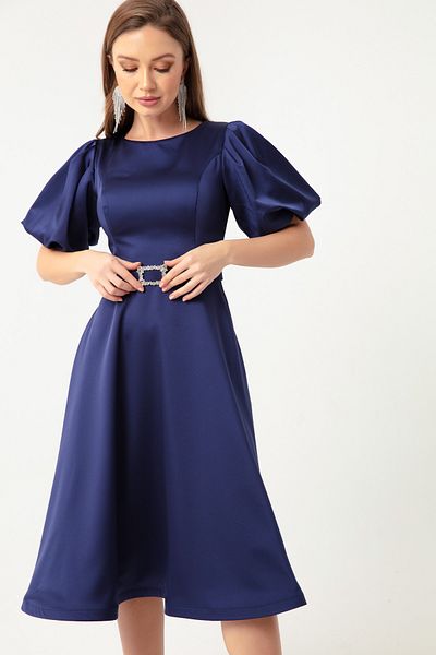 Lafaba Marineblaues Mini-Satin-Abendkleid mit Ballonärmeln und Steingürtel für Damen