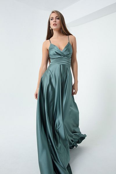 Lafaba Türkises langes Abendkleid aus Satin mit Seilträgern und Taillengürtel für Damen & Abschlussballkleid