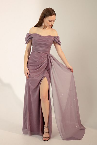 Lafaba Rochie de seară lungă cu sclipici, cu decolteu cu barcă, drapat