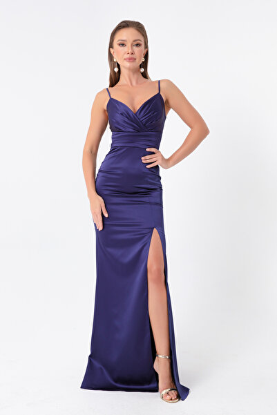 Lafaba Női sötétkék pántos, hosszú szatén estélyi és ballagási ruha