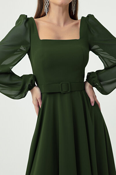 Lafaba Női khaki négyszögletes galléros öves Midi sifon estélyi ruha