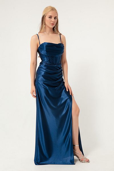 Lafaba Marineblaues, langes Abendkleid mit Bügelkorsett und detailliertem Schlitz für Damen