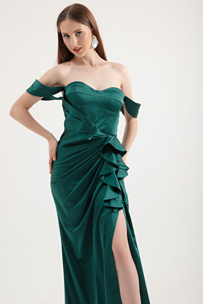 Lafaba Emerald Green Ruffled Sweetheart Collar Long Satin Women's Evening Dress