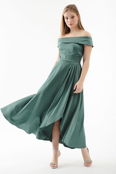 OFZE Turquoise Boat Neck Midi Satin Women's Evening Dress