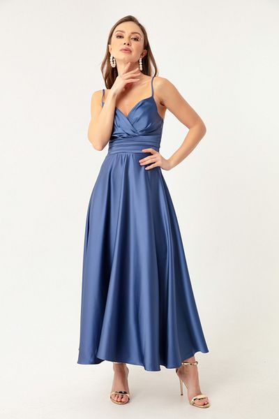 Lafaba Indigoblaues Midi-Abendkleid und Abschlusskleid aus Satin mit Taillengürtel und Seilriemen