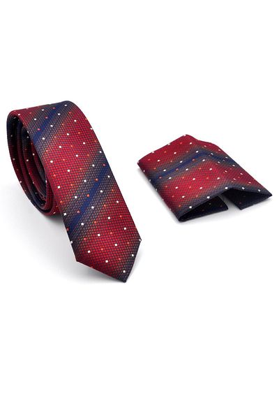 Gaffy Claret Red Brown and Navy Blue Bias Patterned Woven Fabric Slim Fit Tie with Handkerchief // Sdk- 240802